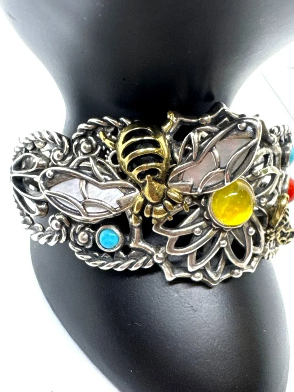 Carolyn Pollack Fritz Casuse 925 Sterling Silver Brass Bumble Bee Gemstone Cuff
